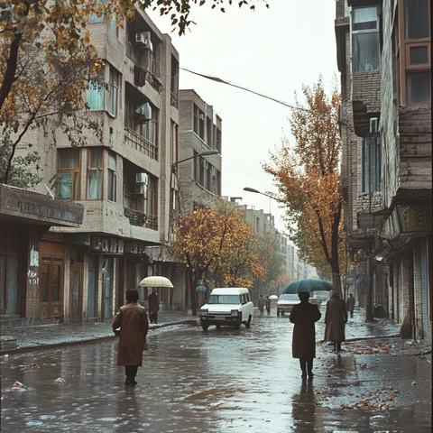 雨中街道行人撑伞行走的城市景象