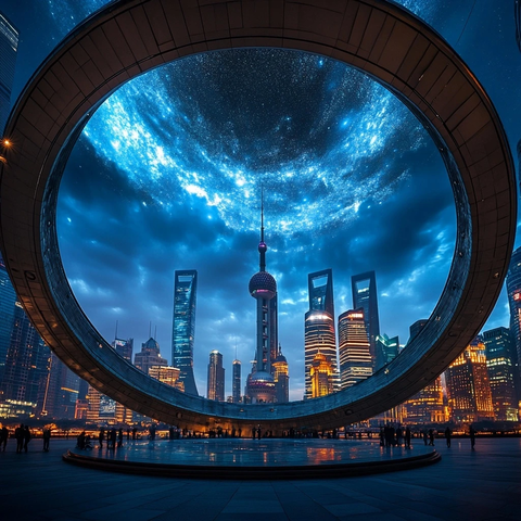 透过圆环看东方明珠夜景的城市风光