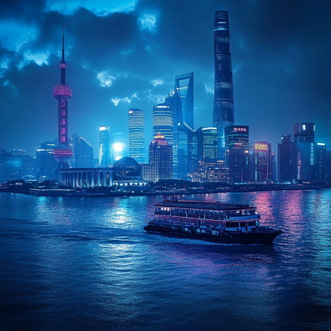 上海夜景黄浦江畔的摩天大楼与游船