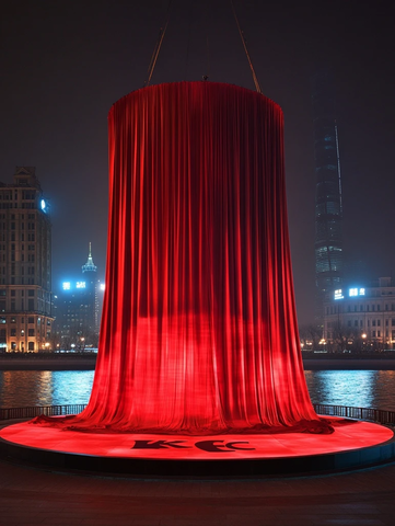 夜幕下的城市景观红色布幔装置艺术