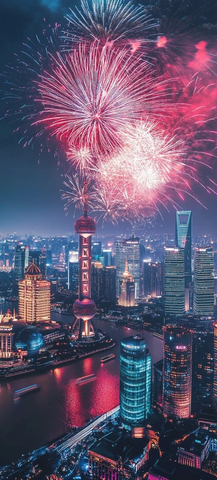 城市夜景中绚烂绽放的烟花