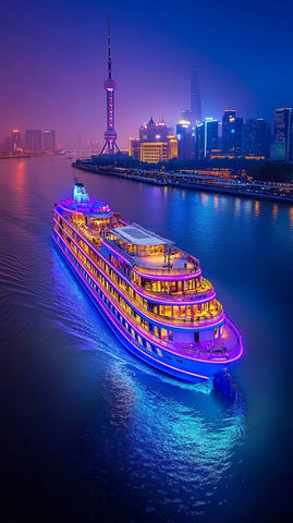 城市夜景中航行的豪华游轮