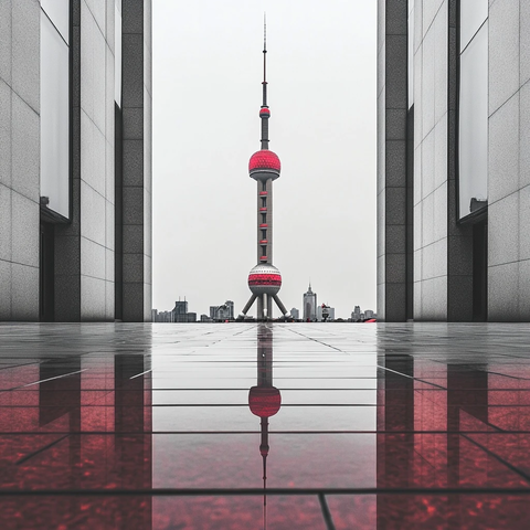 东方明珠塔倒影视角下的城市景观