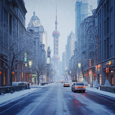 雪中城市街道东方明珠矗立高楼间