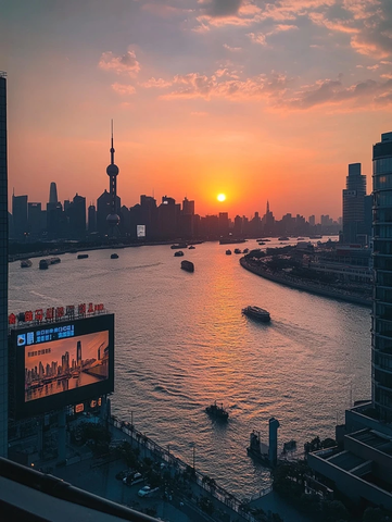 黄浦江畔日落时分的城市天际线
