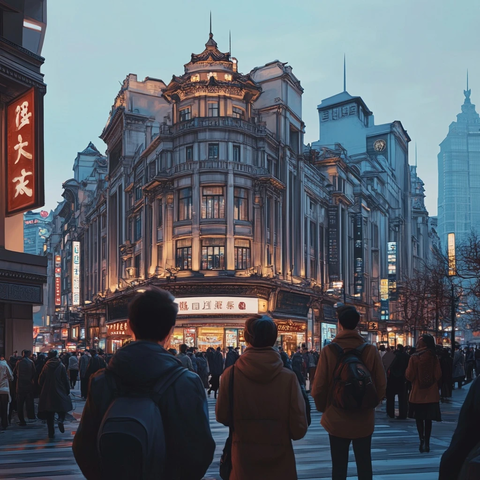 繁华街道上的复古建筑及行人