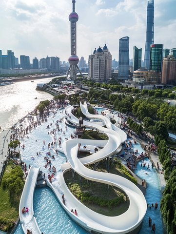 城市中热闹的水上滑梯场景