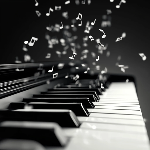 黑白钢琴键盘音符飞舞