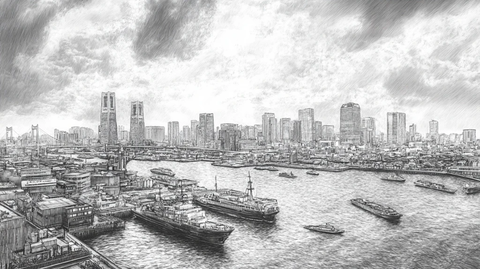 城市码头水域景观与高楼建筑的黑白绘卷