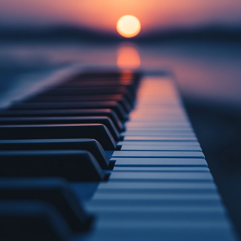 钢琴键与远处的日落