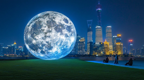 城市夜景下的巨型月球雕塑