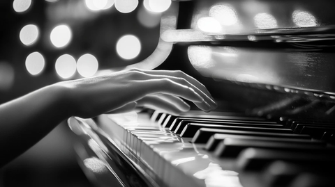 年轻女子弹钢琴的黑白照片