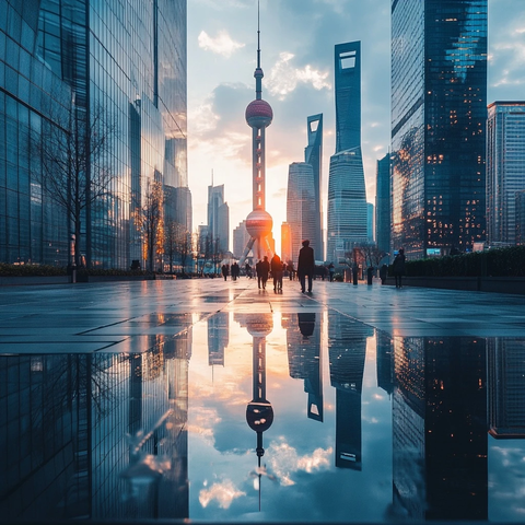 城市摩天大楼间行人漫步的黄昏景象