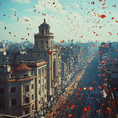 城市街道人群聚集上空飘满红色纸屑