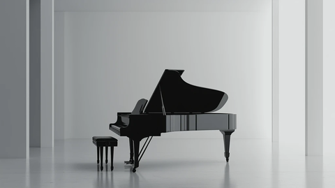 黑色钢琴置于灰墙中央