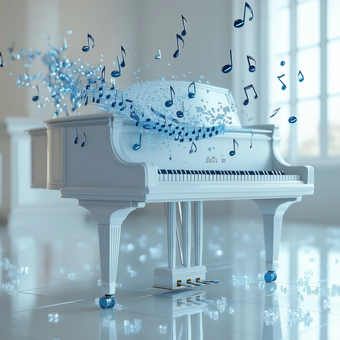 玻璃地板上白色钢琴与蓝色音符