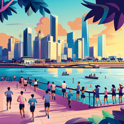 城市河畔步道上的跑步人群