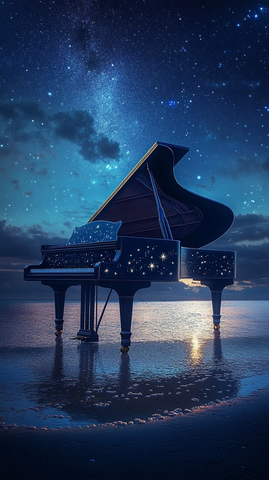 星空下的黑色钢琴与发光音符