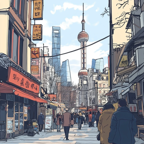 东方明珠下热闹的城市街道