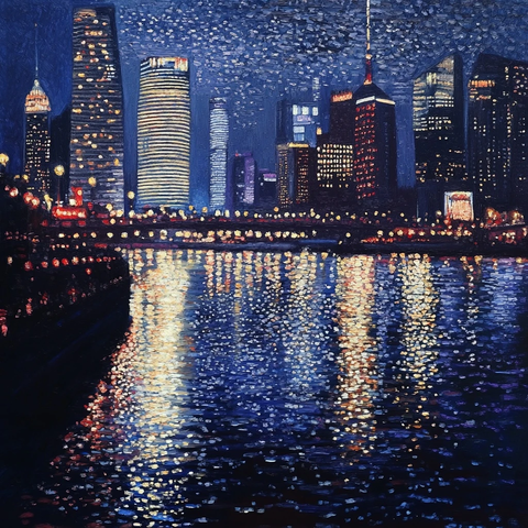 城市夜景灯光璀璨映照在河面的美丽景象