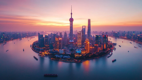 上海陆家嘴金融区黄昏鸟瞰全景