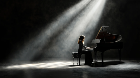 女钢琴家独奏空旷空间