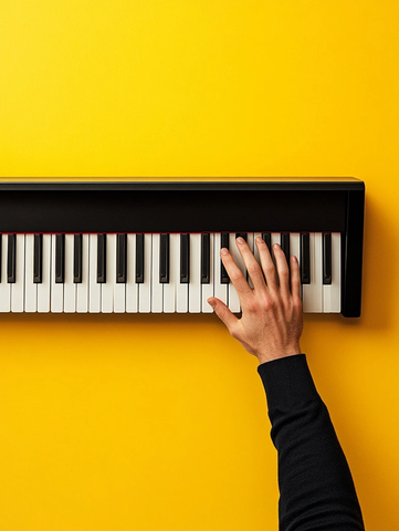 黄色背景上的钢琴与手