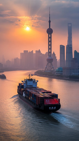 江上货轮行驶东方明珠旁的城市景观