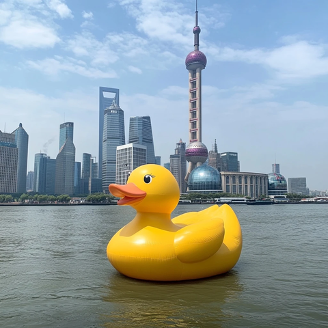 黄鸭漂浮水上上海陆家嘴建筑为背景