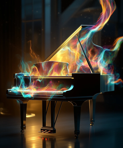 彩色音符从钢琴弦上升起