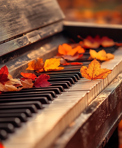 钢琴上的秋叶散落