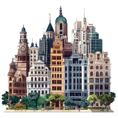 多种风格建筑林立的城市建筑群