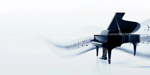 黑色钢琴与蓝色音符线条