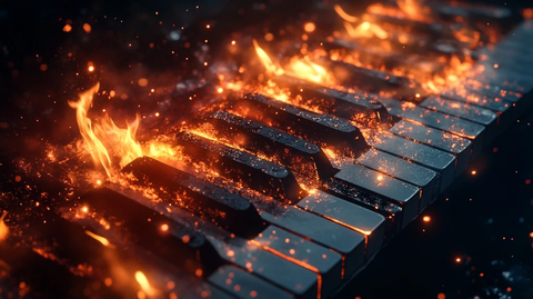 钢琴键飞舞燃烧星空