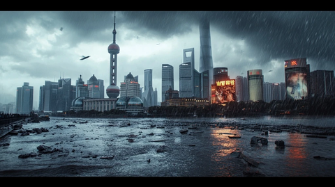 雨中的上海外滩陆家嘴金融区城市景观