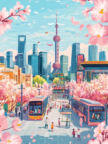 东方明珠下赏樱人群及街景图