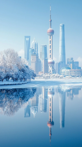 上海陆家嘴雪景倒影的城市风光
