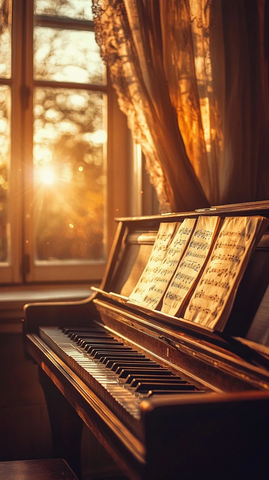 夕阳下的钢琴与飘动窗帘