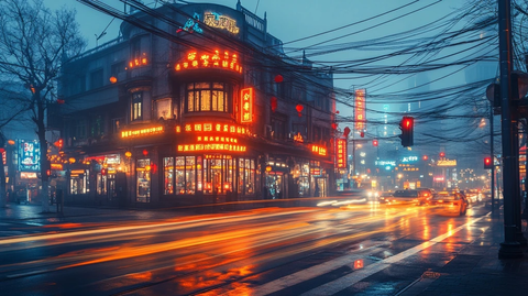 雨夜城市街道霓虹灯光下的车水马龙