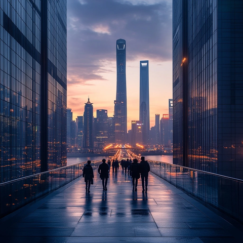 城市高楼间人行道上行走的行人