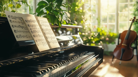 钢琴上的乐谱与绿色植物