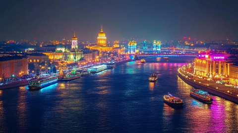 夜景下的河流及沿岸璀璨建筑灯光秀