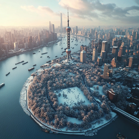 雪中东方明珠及周边城市鸟瞰全景