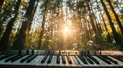 松林中的合成器键盘与音符