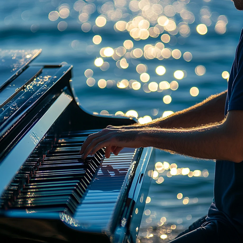 男子弹奏黑色钢琴海滩