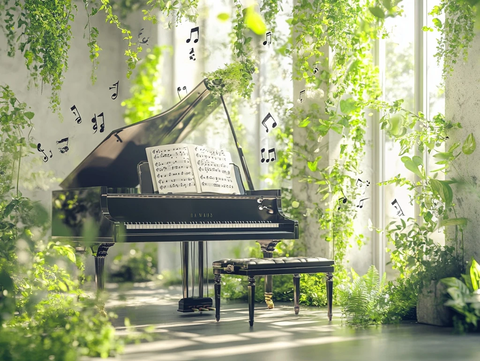 钢琴与乐谱的和谐绿意