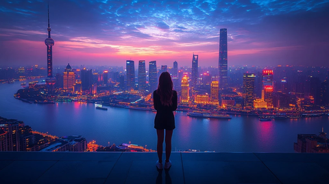 女子眺望城市夜景灯火辉煌的天际线