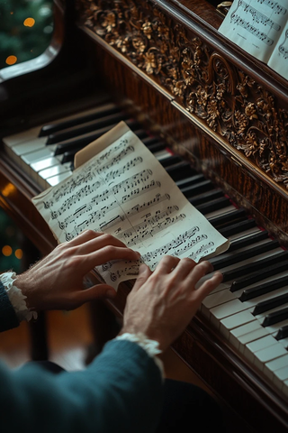 钢琴演奏者手部特写与乐谱
