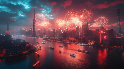 城市夜景烟花绽放的江面及沿岸景象