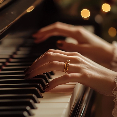 女性弹钢琴金戒指手部特写